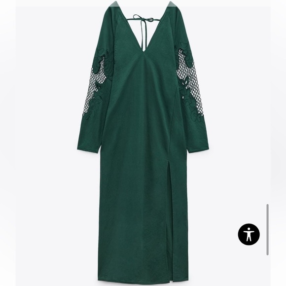 ZARA OPEN CROCHET LACE LONG SLEEVE MAXI DRESS FOREST GREEN MEDIUM NWT - Picture 15 of 16